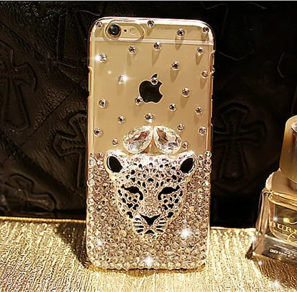 Luxury Hot Tiger Leopard Head Diamond Rhinestone Crystal Bling Phone Cases for Iphone