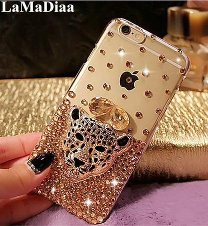 Luxury Hot Tiger Leopard Head Diamond Rhinestone Crystal Bling Phone Cases for Iphone