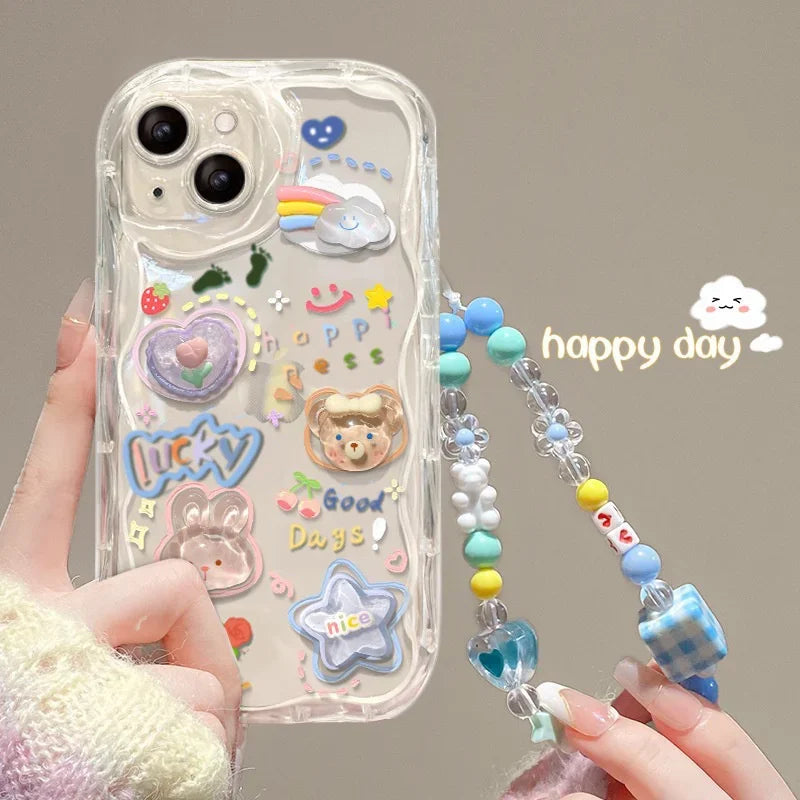 Korean 3D Bear Hang Phone Chain Lanyard Clear Soft Case For iPhone