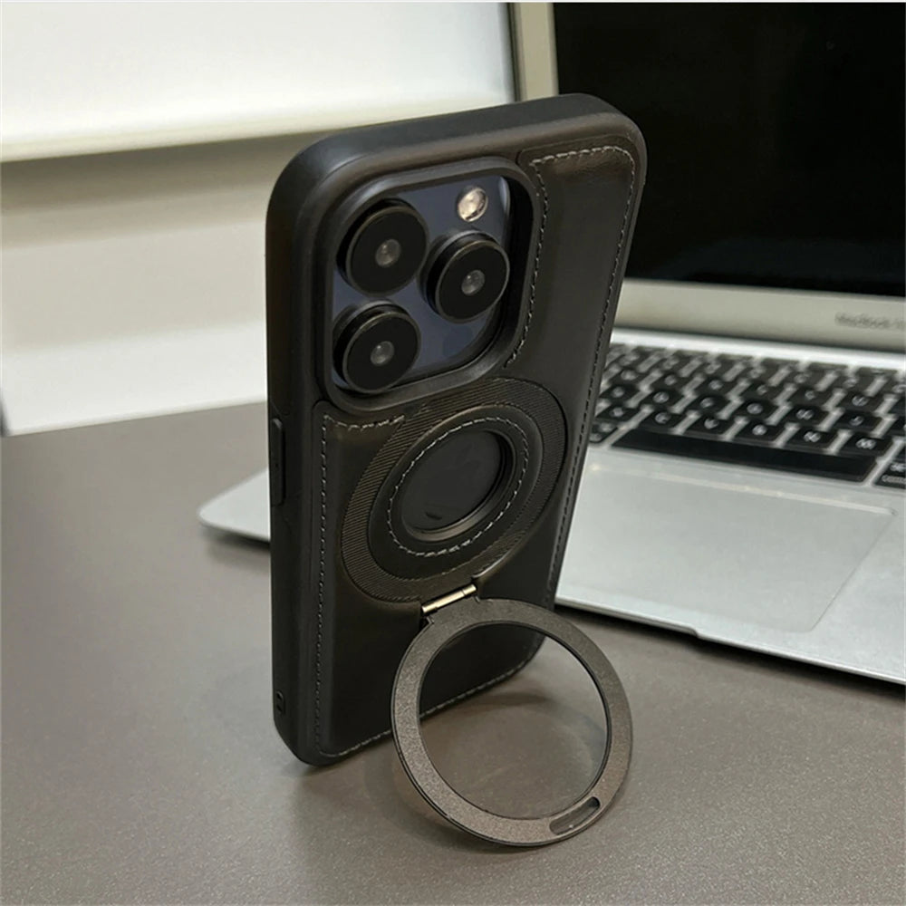 Luxury Magnetic Stand Ring PU Leather Case For iPhone, Magsafe Wireless Charging