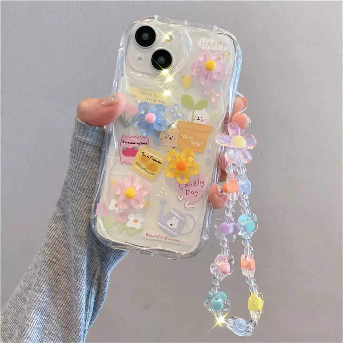 Korean 3D Bear Hang Phone Chain Lanyard Clear Soft Case For iPhone