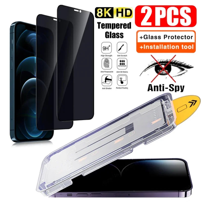 2Pcs Privacy Tempered Glass Screen Protector for IPhone. Plus Anti-Spy Dust free Installation Protector