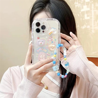 Korean 3D Bear Hang Phone Chain Lanyard Clear Soft Case For iPhone