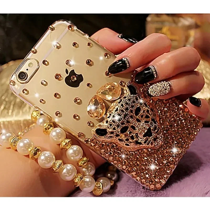 Luxury Hot Tiger Leopard Head Diamond Rhinestone Crystal Bling Phone Cases for Iphone