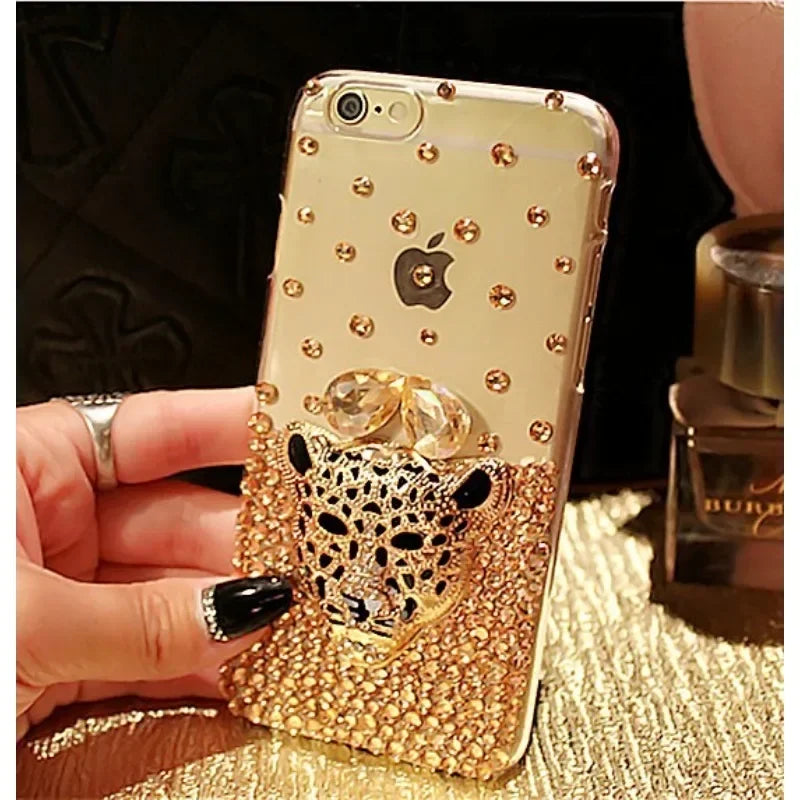 Luxury Hot Tiger Leopard Head Diamond Rhinestone Crystal Bling Phone Cases for Iphone