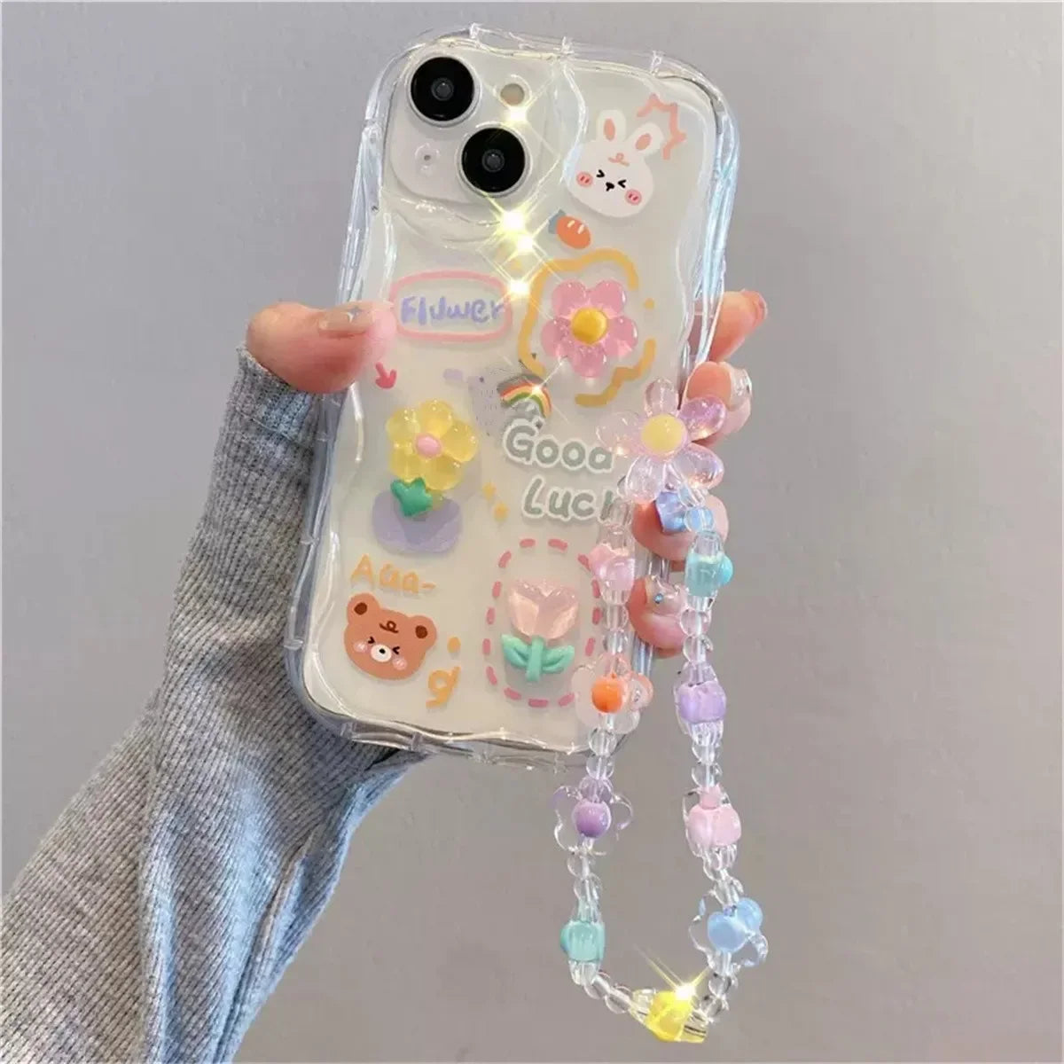 Korean 3D Bear Hang Phone Chain Lanyard Clear Soft Case For iPhone