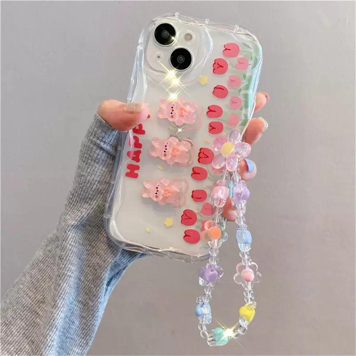 Korean 3D Bear Hang Phone Chain Lanyard Clear Soft Case For iPhone