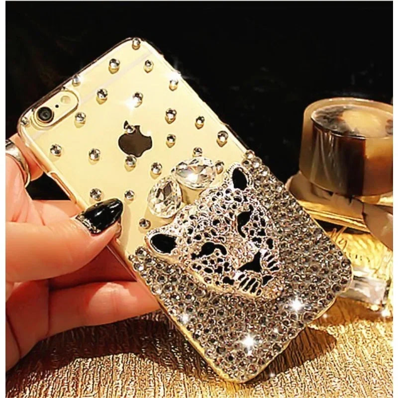 Luxury Hot Tiger Leopard Head Diamond Rhinestone Crystal Bling Phone Cases for Iphone